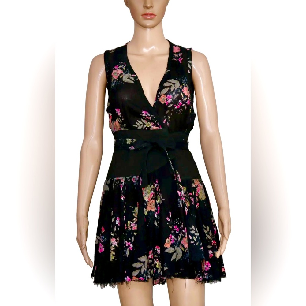 Free People Black Floral Wrap Mini Dress